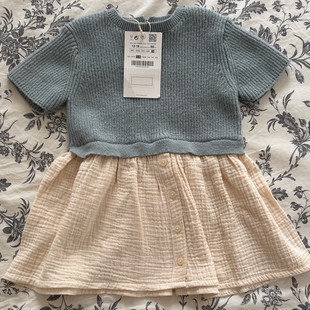 Zara blue/Gray/cream Ribbed Knit and cotton gauze dress
